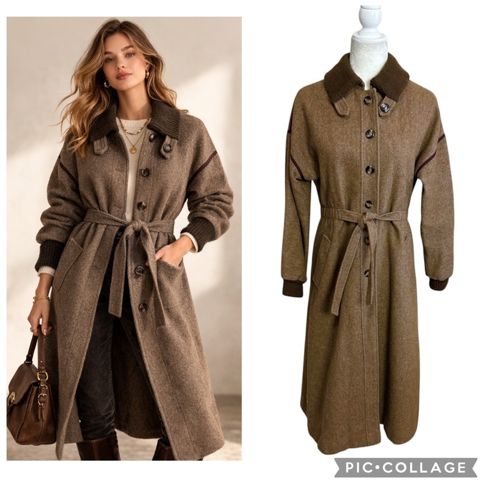 Vintage American Bazaar Wool Tweed Tan Brown Belted Button Trench Coat Small